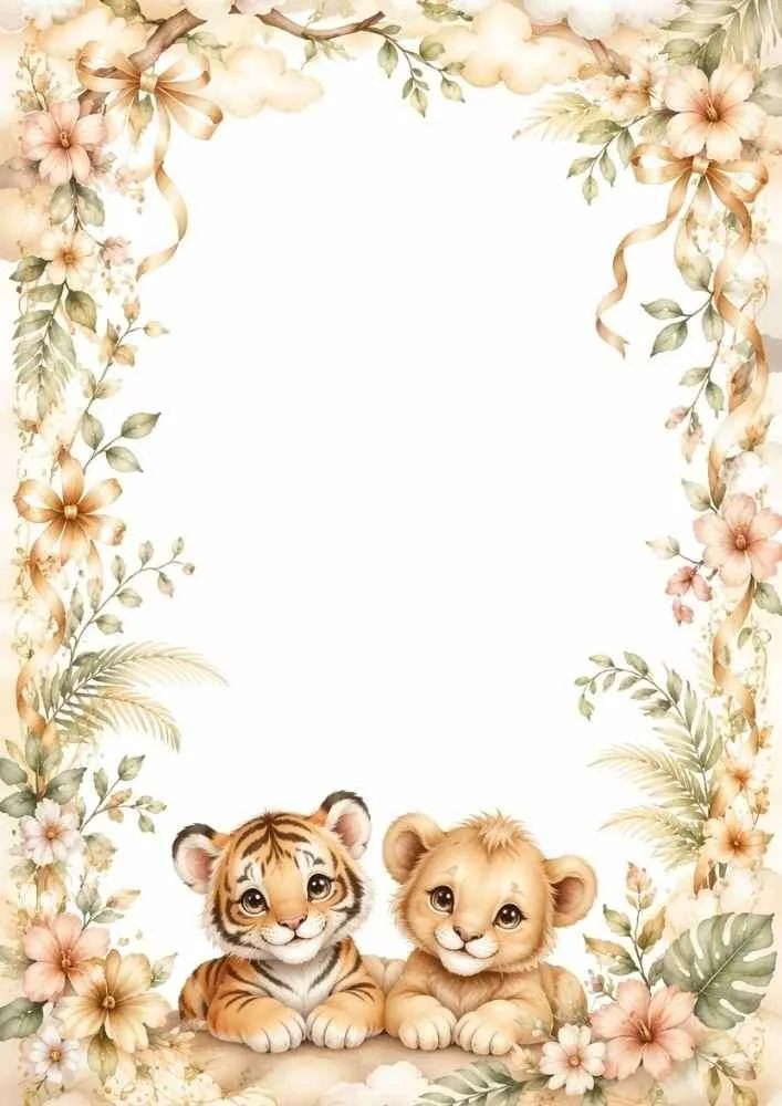 Tiger cub, lamb, and lion cub in a floral border with blank center.