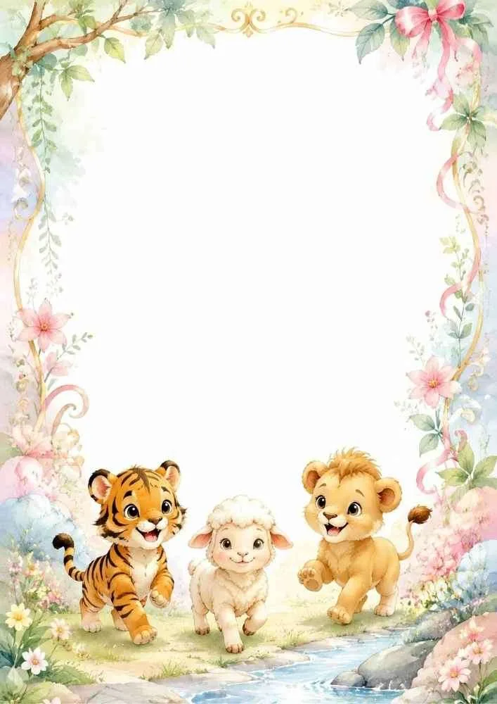 Side floral border with peeking tiger and lion cubs.