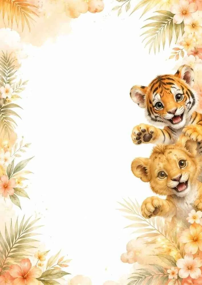 Floral border with tiger and lion cubs inside a flower wreath.