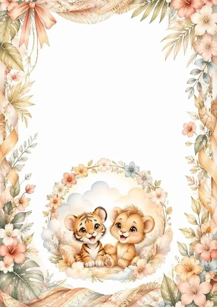 Tiger and lion cubs watching a sunset inside a floral border.
