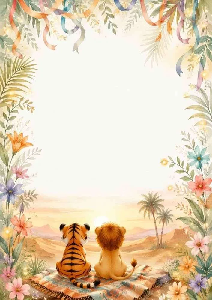 Floral border with tiger and lion cubs in a basket.