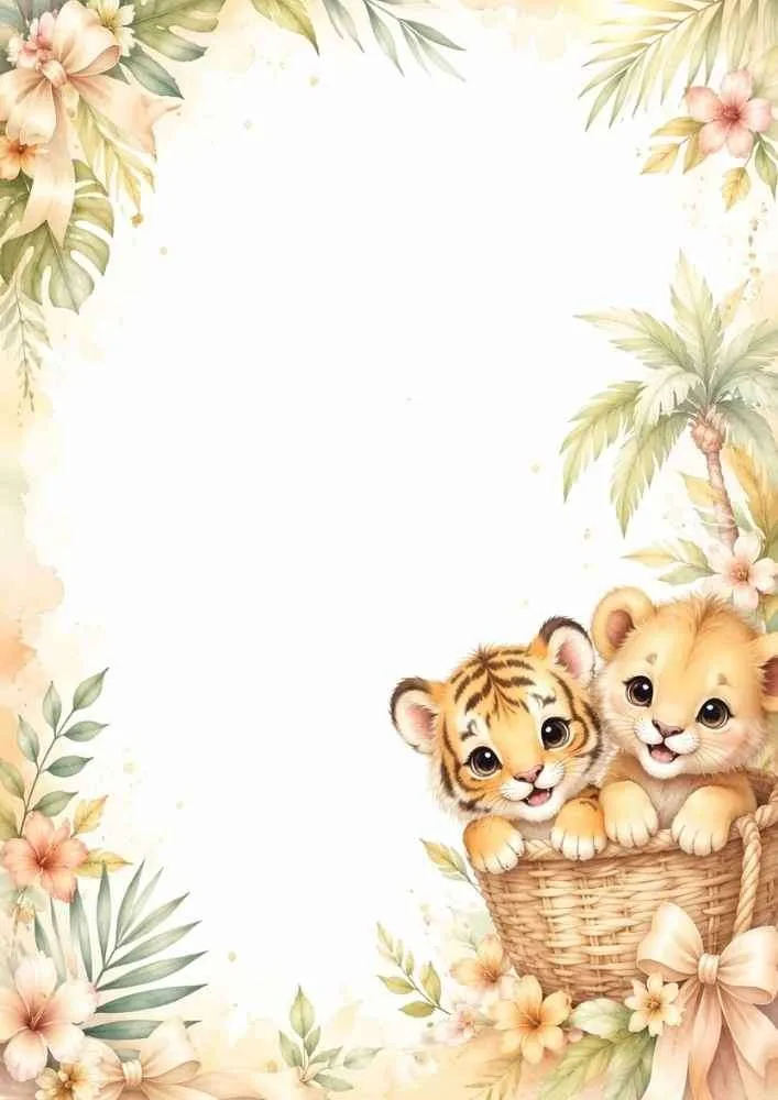Tiger and lion cubs walking on colorful stones in a floral border.