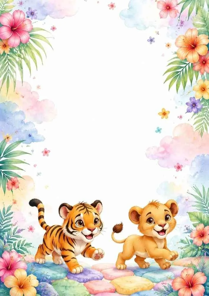 Tiger and lion cubs waving from clouds with floral border.