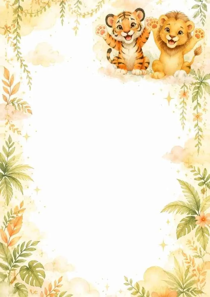 Tiger and lion cubs reaching for butterflies in a floral border.