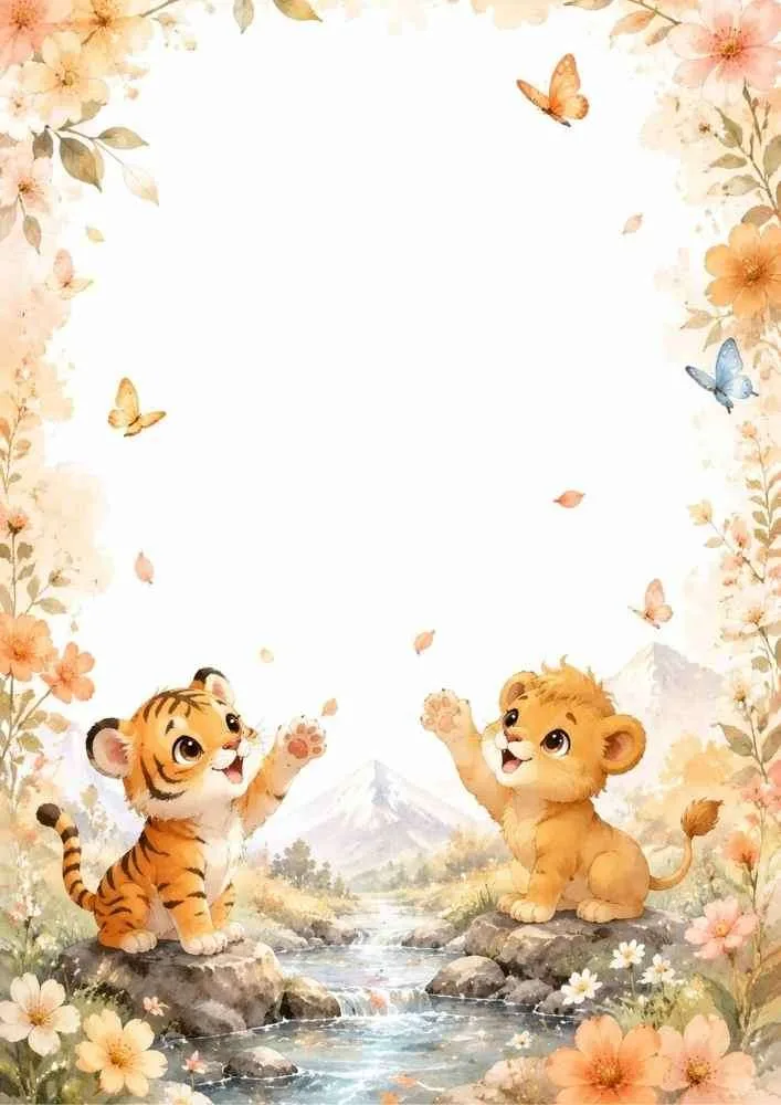 Pastel floral border with tiger and lion cubs on clouds.