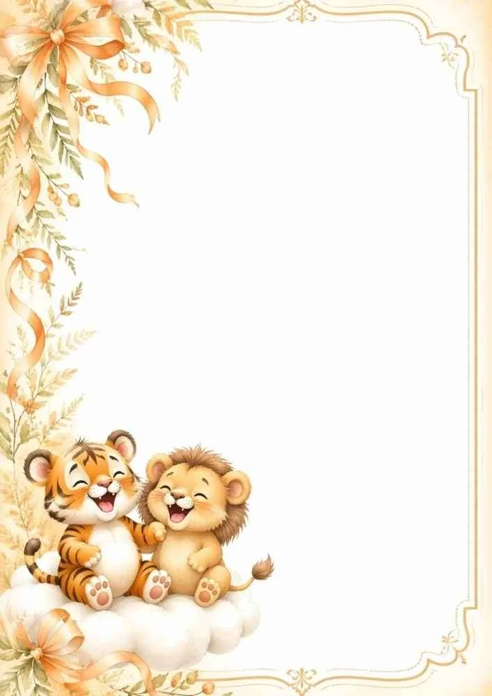 Tiger and lion cubs on a cloud with floral frame and blank center.