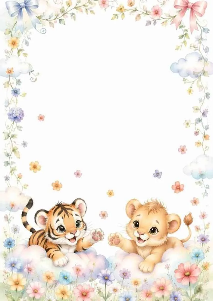 Floral border with waving tiger and lion cubs on clouds.