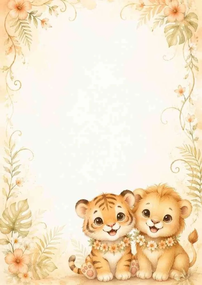 Floral border with tiger and lion cubs wearing flower garlands.
