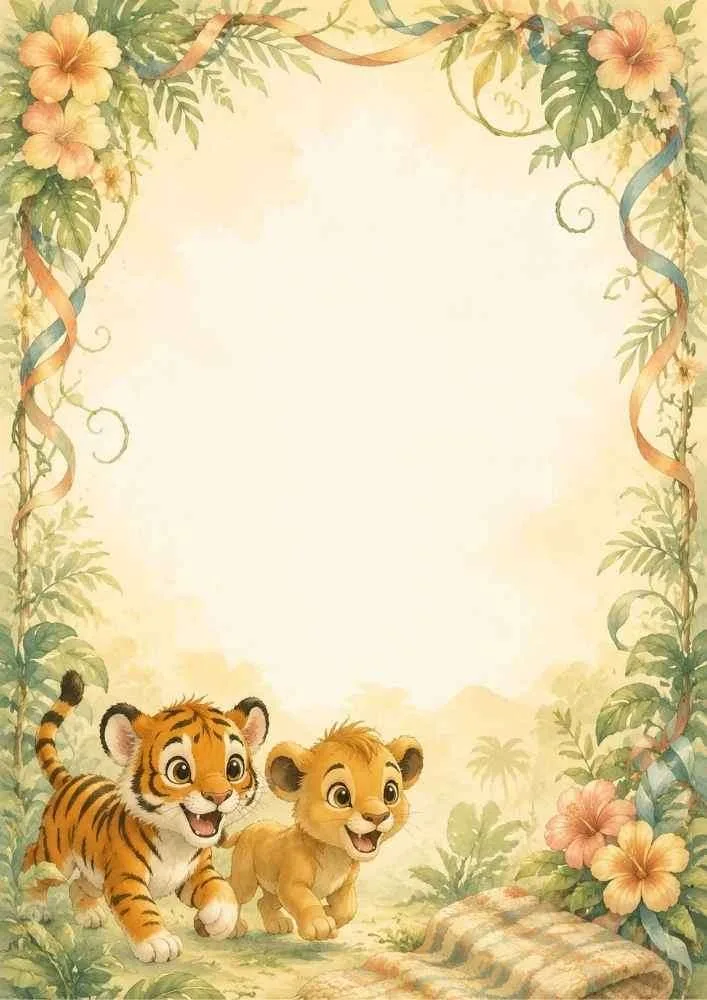Jungle border with running tiger and lion cubs and floral decorations.