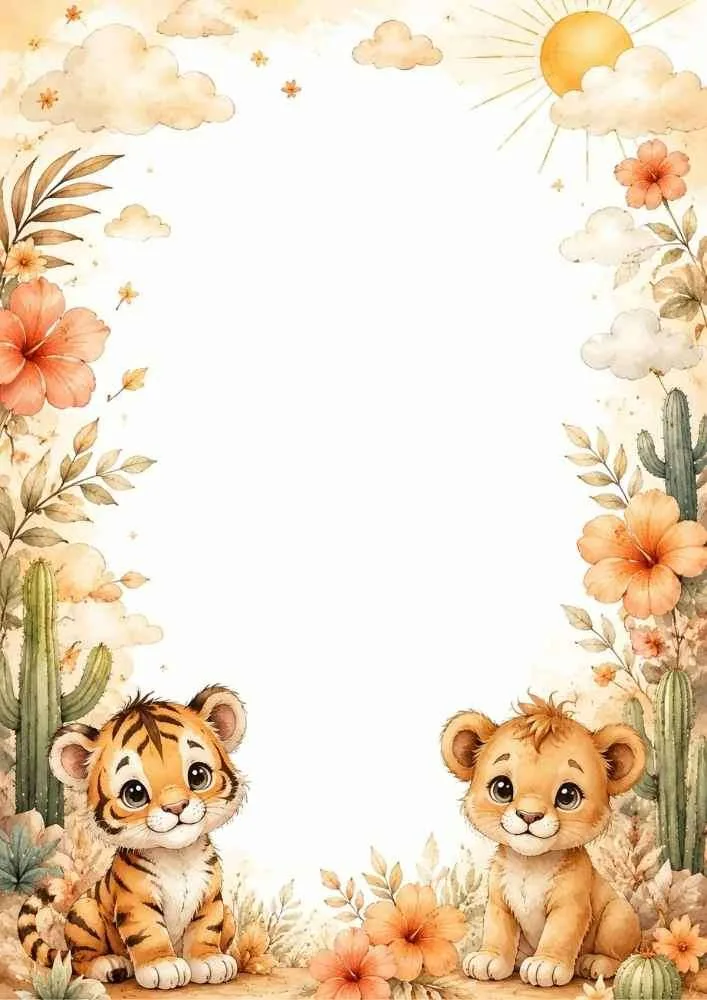 Tiger and lion cubs with cacti, flowers, clouds, and blank center.
