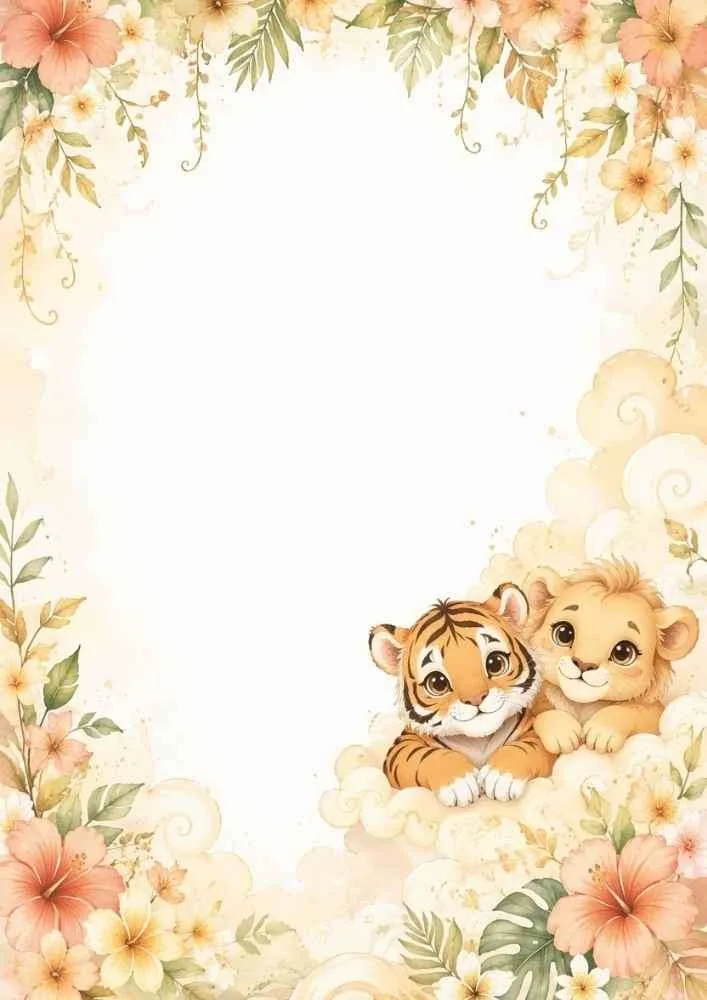Floral cloud border with tiger and lion cubs and blank center.