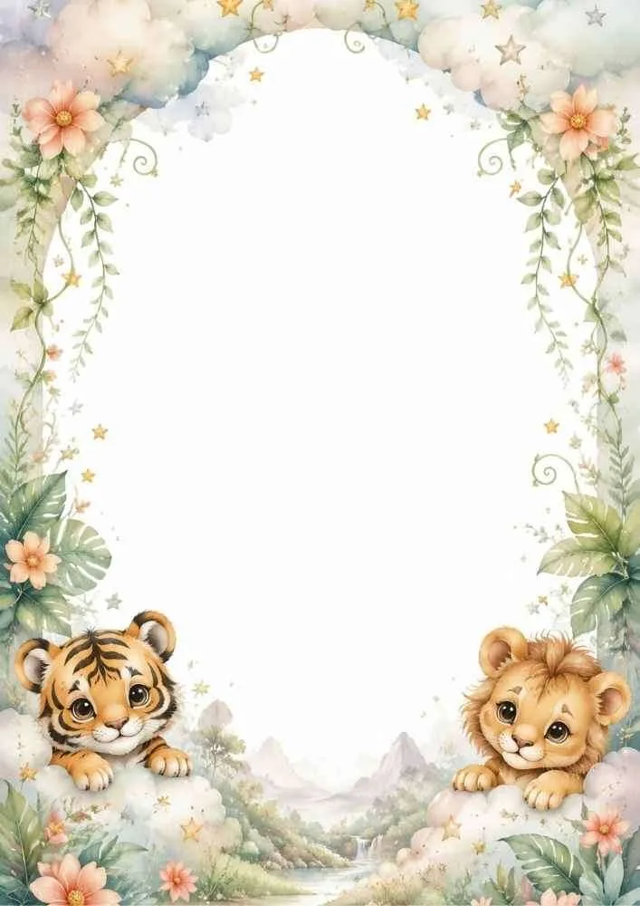 Tiger and lion cubs on clouds with flowers and landscape background.