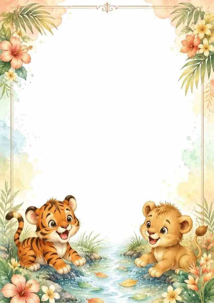 Tiger and lion cubs by a stream inside a floral border.
