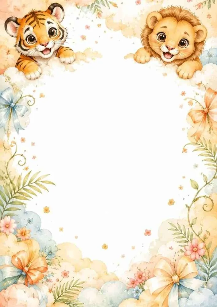 Floral border with tiger and lion cubs peeking from the top.