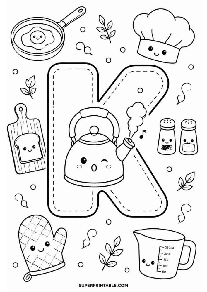 Letter K with kettle, chef hat, frying pan, cutting board, mitt, measuring cup, and shakers.