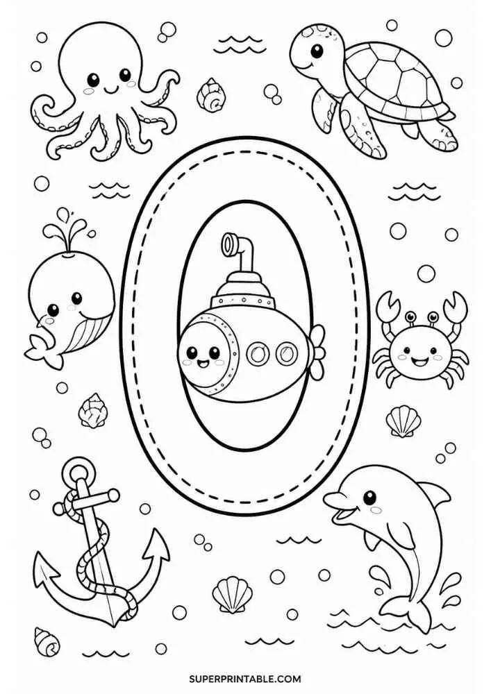 Letter O with submarine, dolphin, turtle, whale, octopus, crab, anchor, and shells.