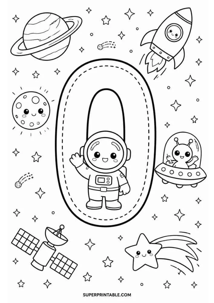 Number 0 with astronaut, rocket, planets, UFO, satellite, moon, stars, and shooting star.
