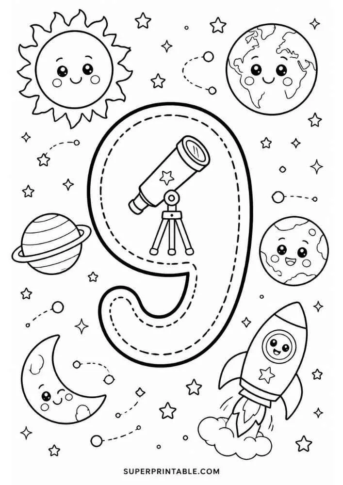Number 9 with telescope, rocket, Earth, moon, planets, and stars.