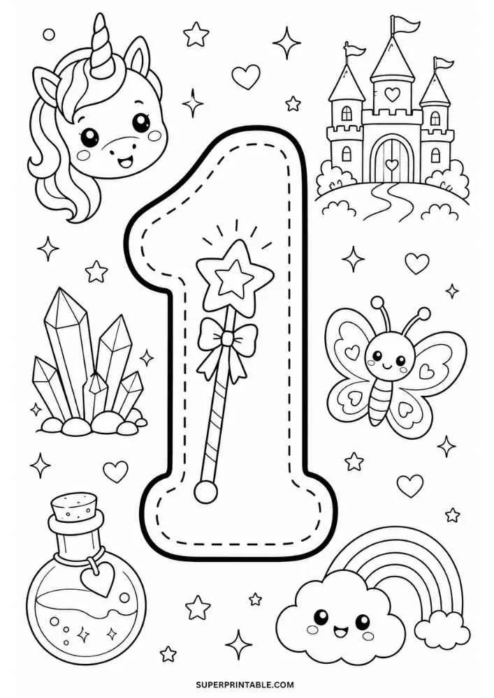 Number 1 with magic wand, unicorn, castle, butterfly, rainbow, crystals, and potion bottle.