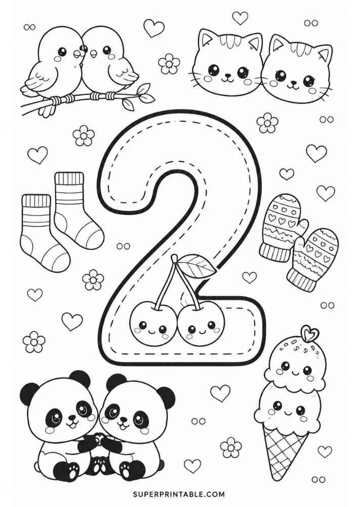 Number 2 with pandas, birds, kittens, cherries, socks, mittens, and ice cream.