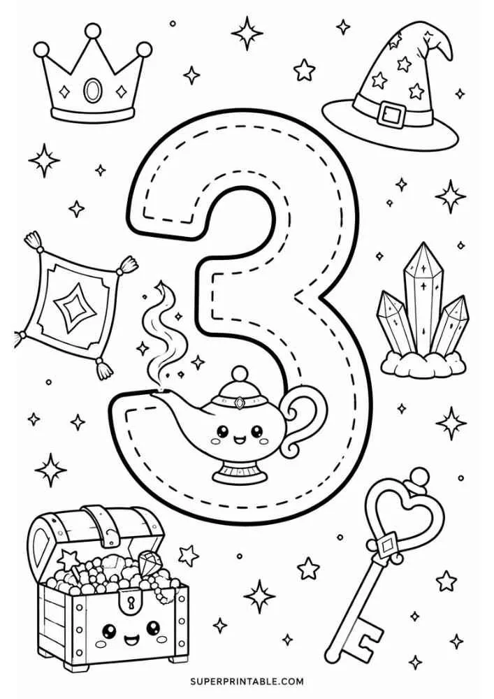 Number 3 with treasure chest, magic lamp, crown, wizard hat, key, carpet, and crystals.