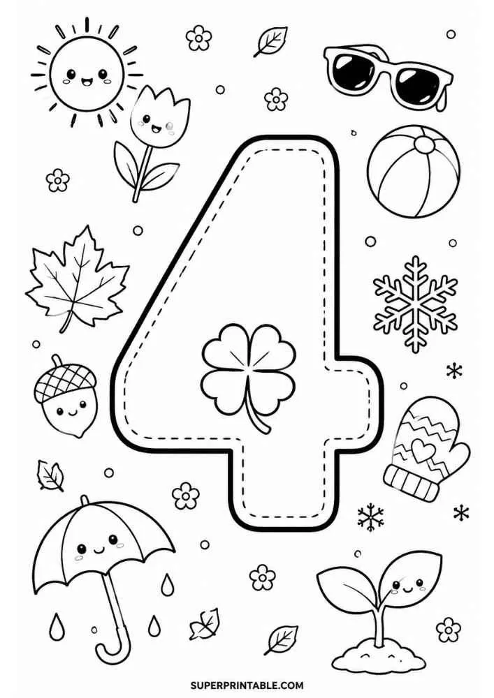 Number 4 with sun, flower, sunglasses, beach ball, snowflake, umbrella, clover, and plant.