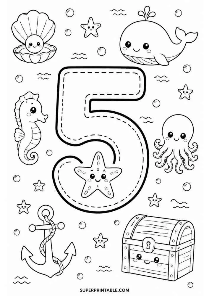Number 5 with whale, octopus, seahorse, shell, anchor, treasure chest, and starfish.