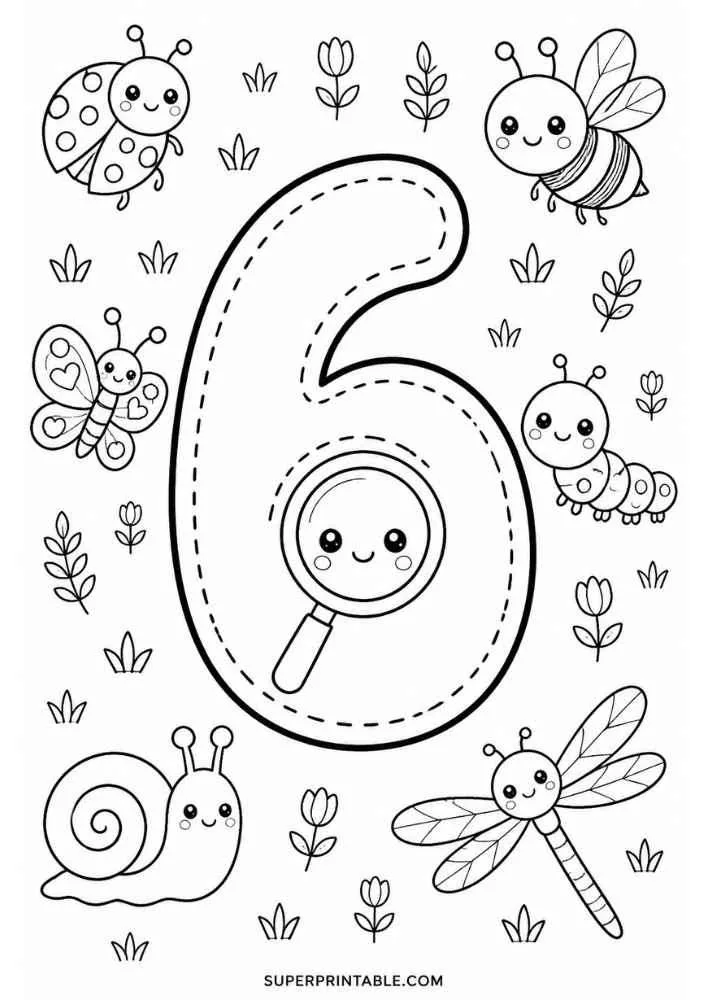 Number 6 with ladybug, bee, butterfly, caterpillar, dragonfly, snail, and flowers.