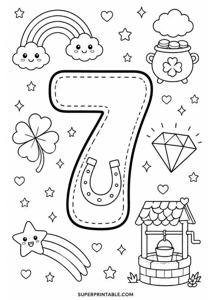 Number 7 with horseshoe, rainbow, clover, diamond, pot of gold, well, and shooting star.