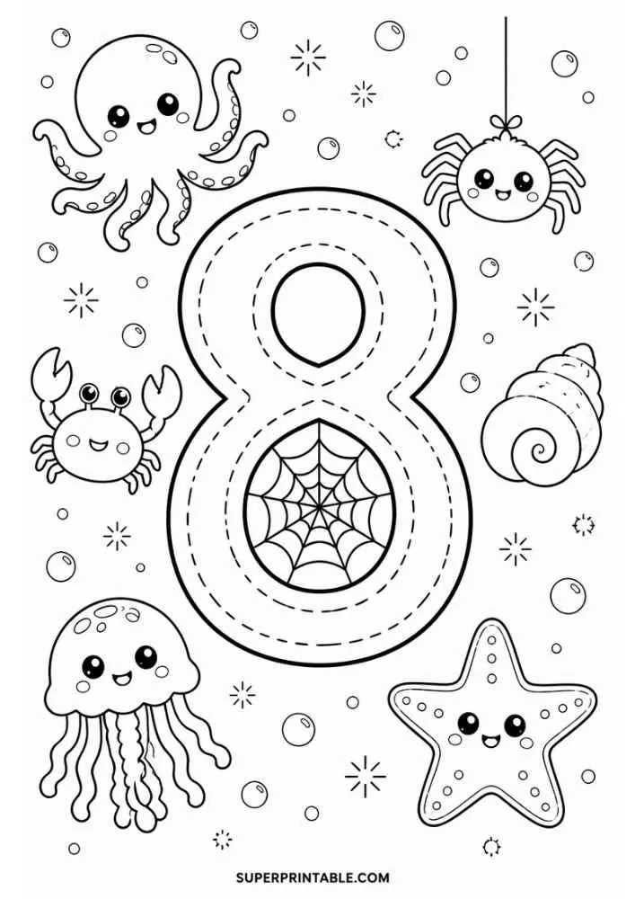 Number 8 with octopus, crab, jellyfish, shell, starfish, spider, and web.
