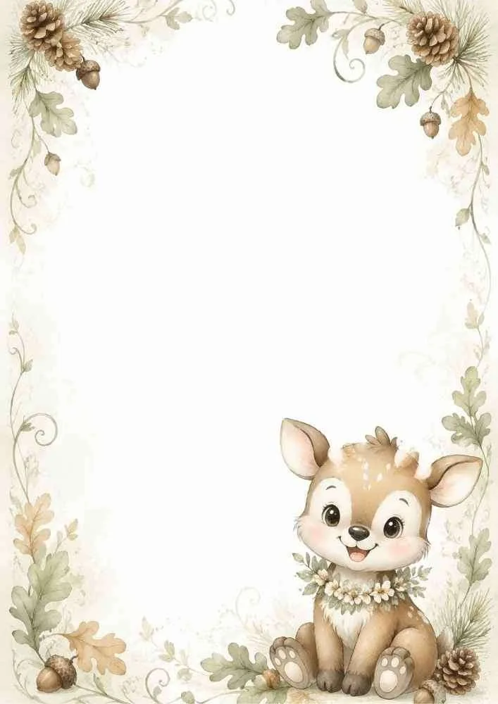 Woodland border with a cute baby deer, pinecones, acorns, leaves, and a large blank center.