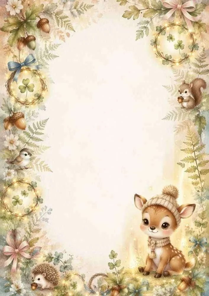 Woodland border with a deer in a hat, squirrel, bird, hedgehog, wreaths, and leaves.