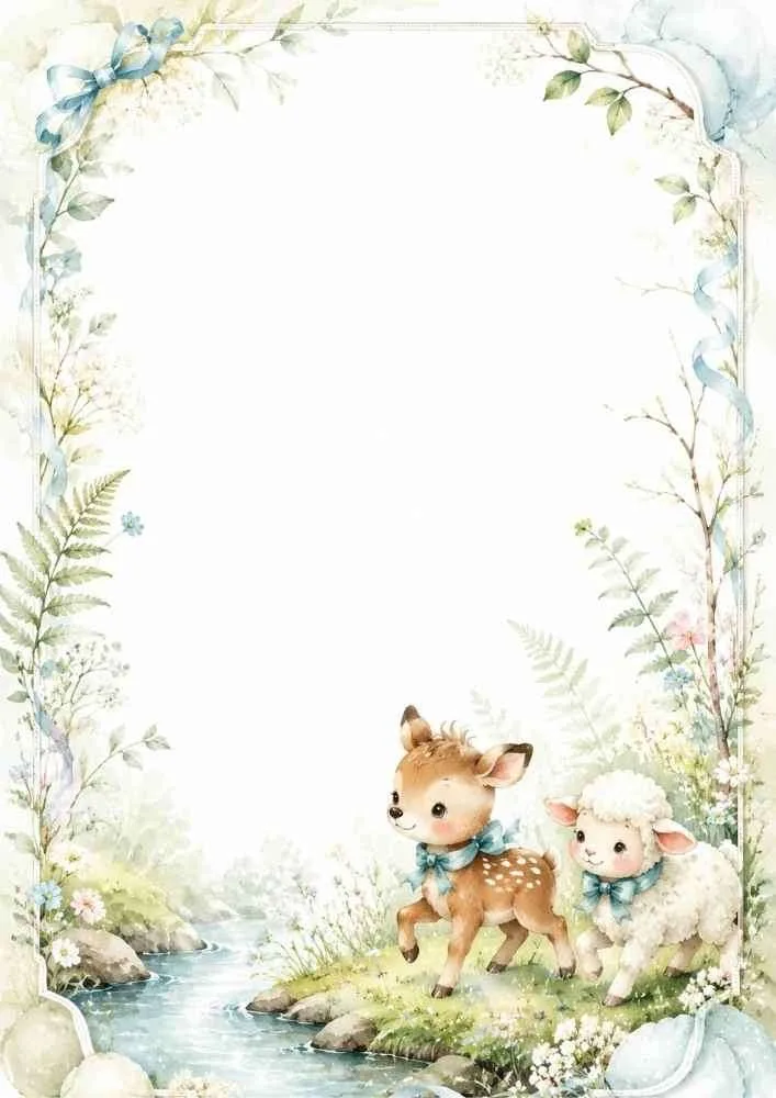 Meadow border with a deer, lamb, stream, flowers, and leafy branches.