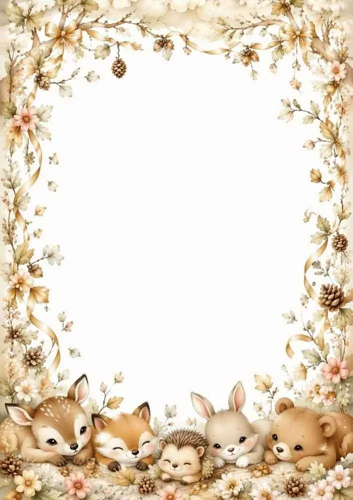Woodland border with sleeping deer, fox, rabbit, hedgehog, bear, flowers, and pinecones.