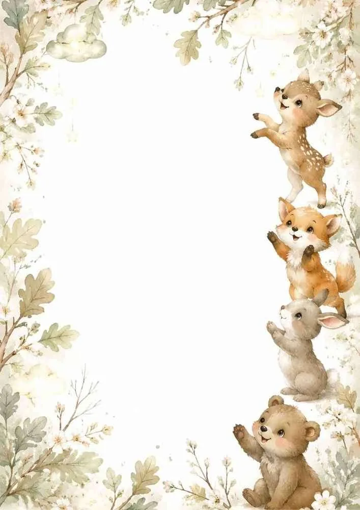 Woodland border with stacked deer, fox, rabbit, bear, and leafy branches.