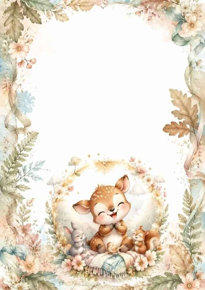 Floral woodland border with a smiling deer, bunny, squirrel, and flowers.