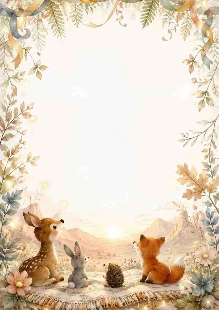 Woodland border with deer, rabbit, hedgehog, fox, mountains, and sunset.
