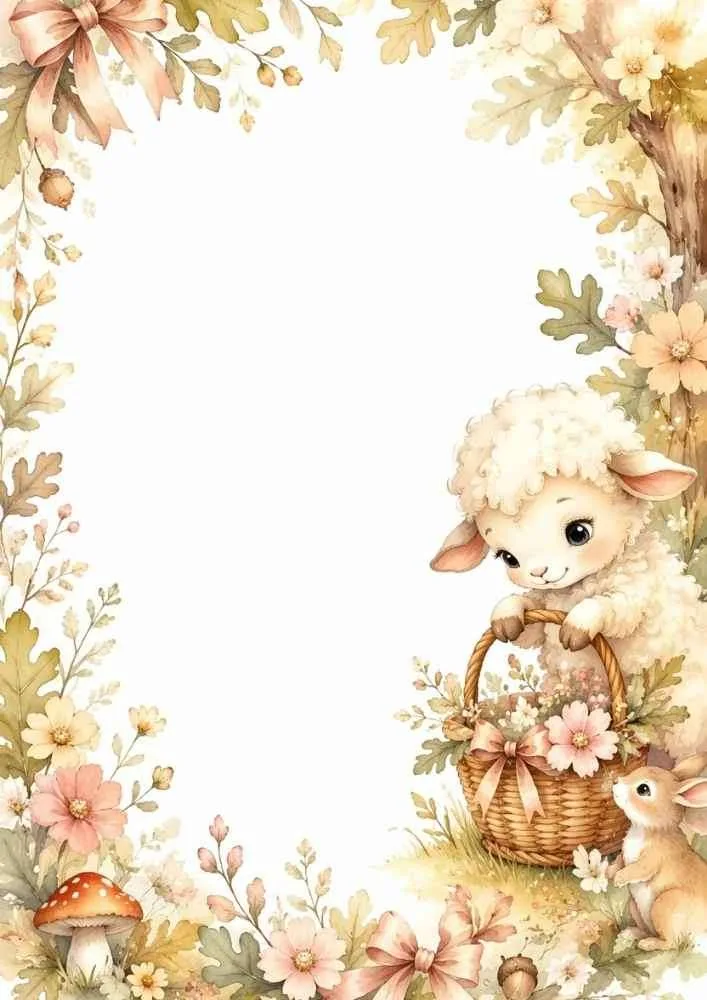 Woodland border with a lamb, bunny, flower basket, mushrooms, and flowers.