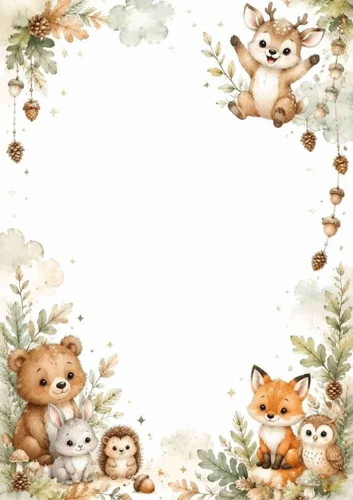 Woodland border with deer, bear, rabbit, fox, owl, hedgehog, clouds, and pinecones.