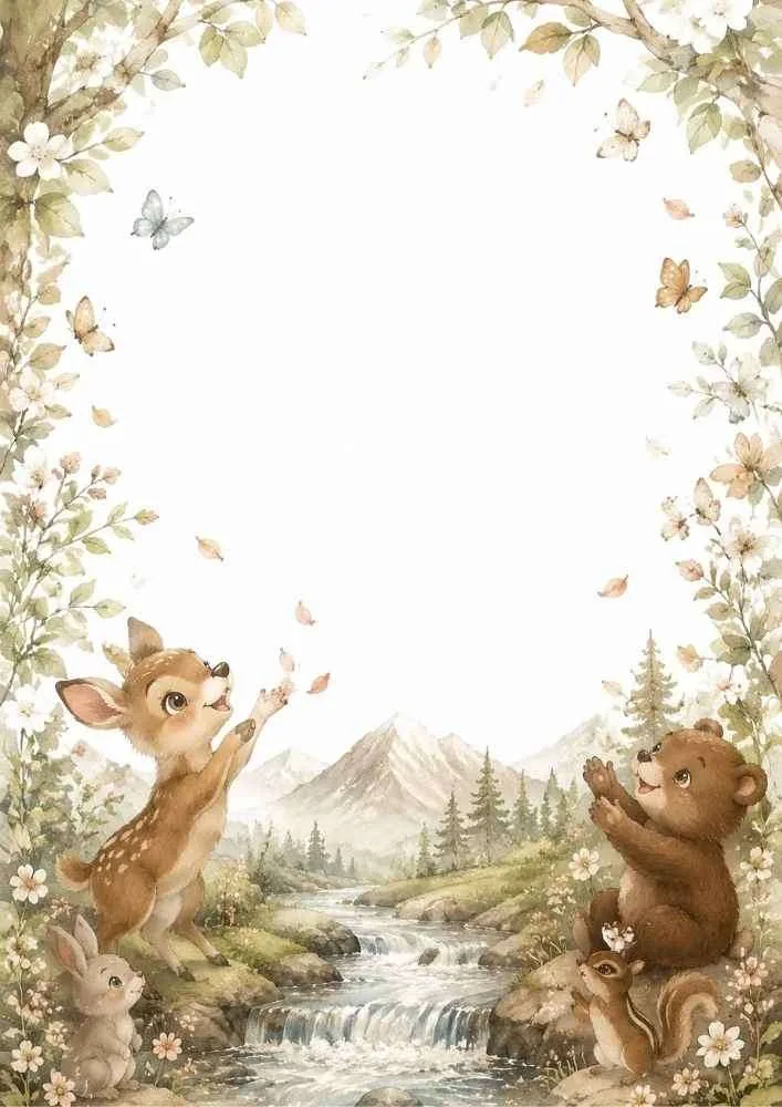 Woodland border with deer, bear, rabbit, squirrel, stream, butterflies, and mountains.