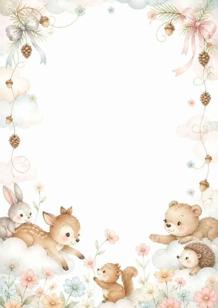 Woodland border with deer, rabbit, bear, hedgehog, squirrel, flowers, and clouds.