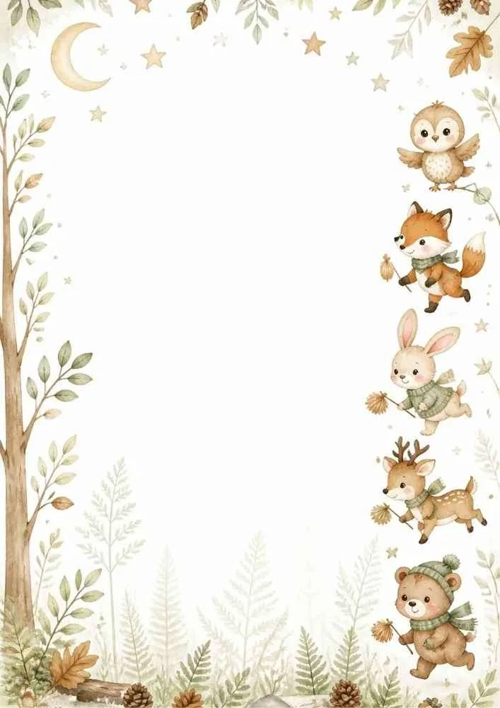 Vertical border with owl, fox, rabbit, deer, bear, moon, stars, and forest plants.