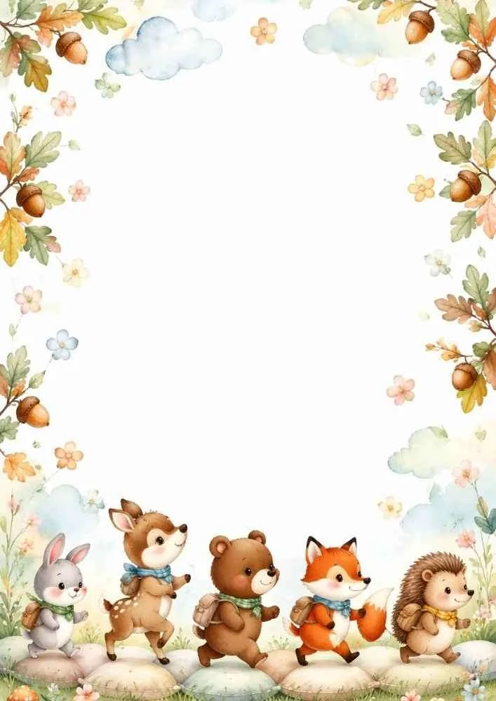 Woodland border with rabbit, deer, bear, fox, hedgehog, backpacks, leaves, and clouds.