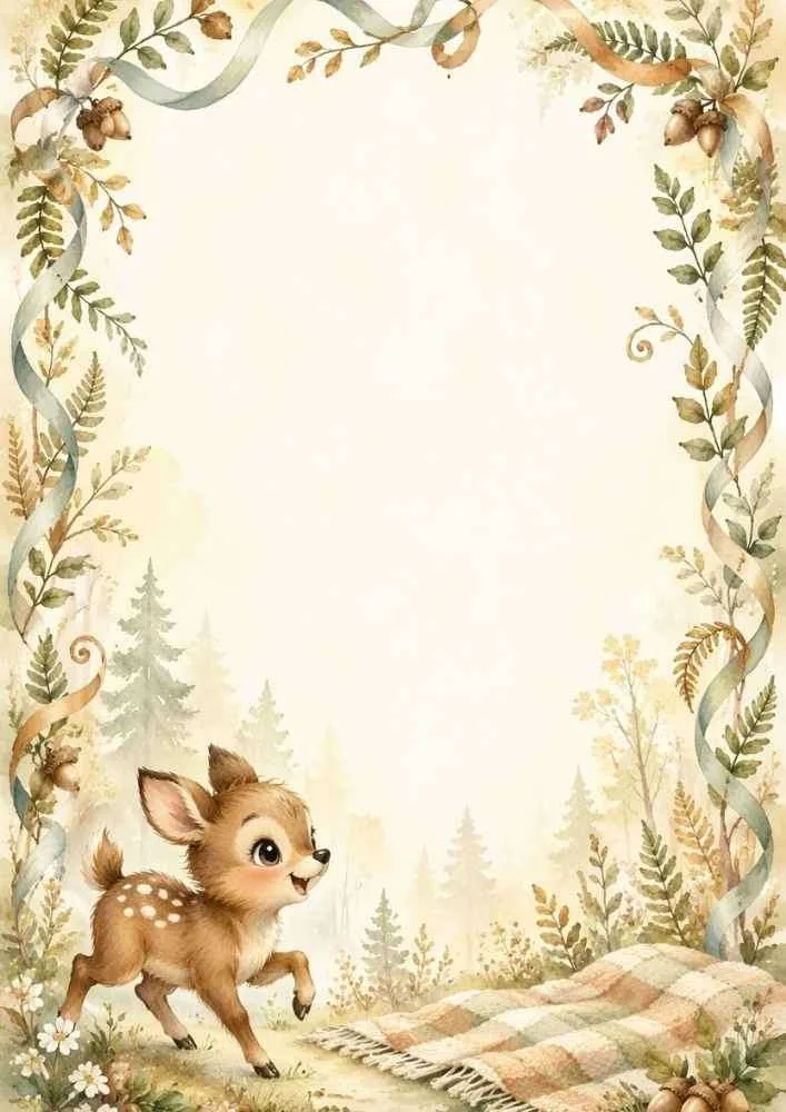Forest border with a baby deer, picnic blanket, ribbons, leaves, and trees.