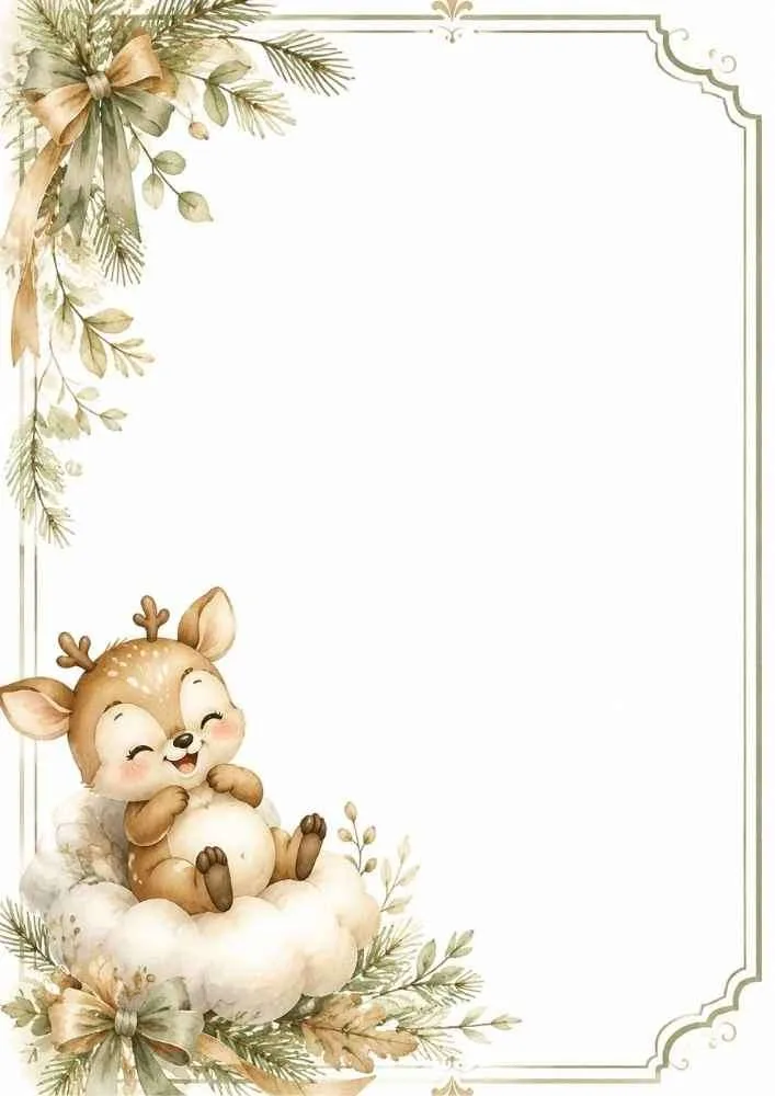 Decorative border with a baby deer on a cloud, pine branches, ribbons, and floral accents.