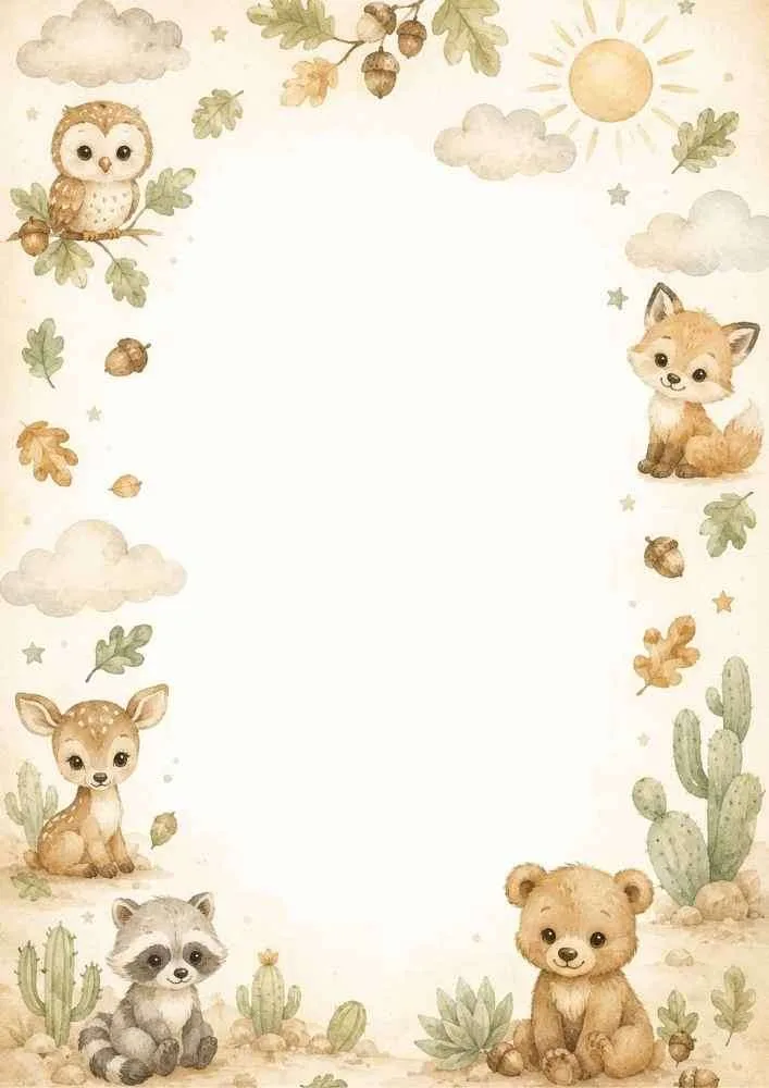 Woodland border with owl, fox, deer, raccoon, bear, leaves, clouds, and cacti.