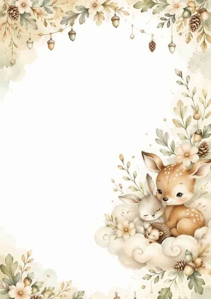 Woodland border with deer, bunny, hedgehog, flowers, pinecones, and leaves.