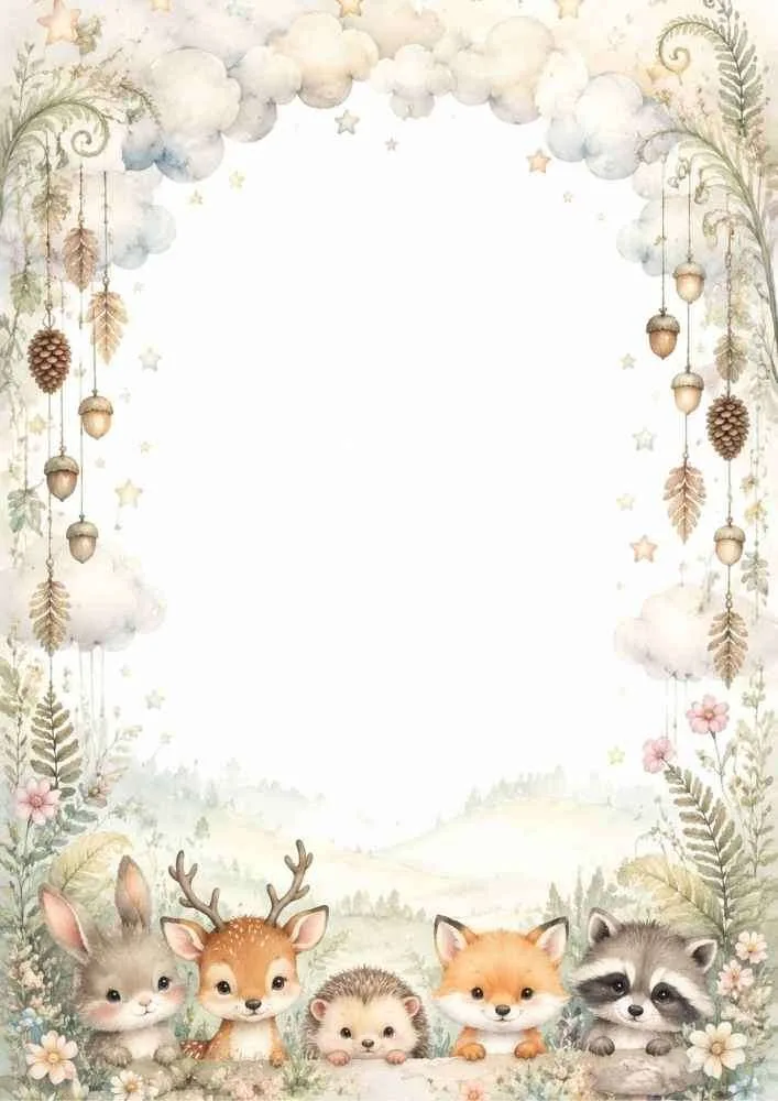 Cloud border with rabbit, deer, hedgehog, fox, raccoon, acorns, and pinecones.