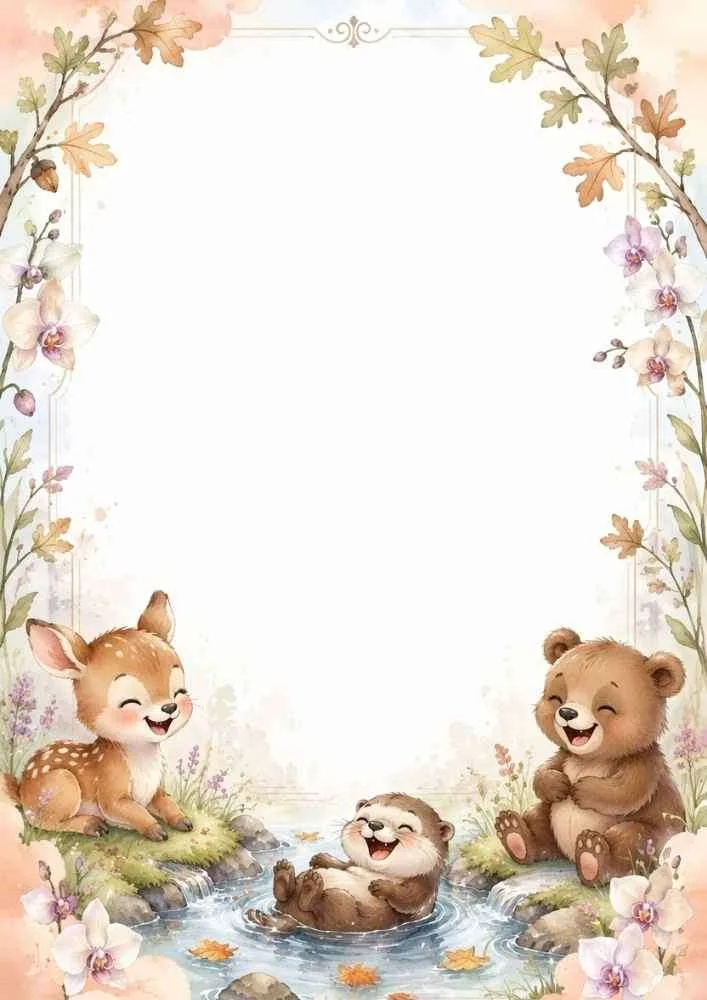 Woodland border with deer, bear, otter, stream, flowers, and trees.