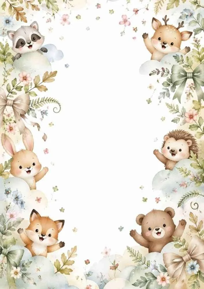 Woodland border with raccoon, deer, rabbit, hedgehog, fox, bear, flowers, and clouds.